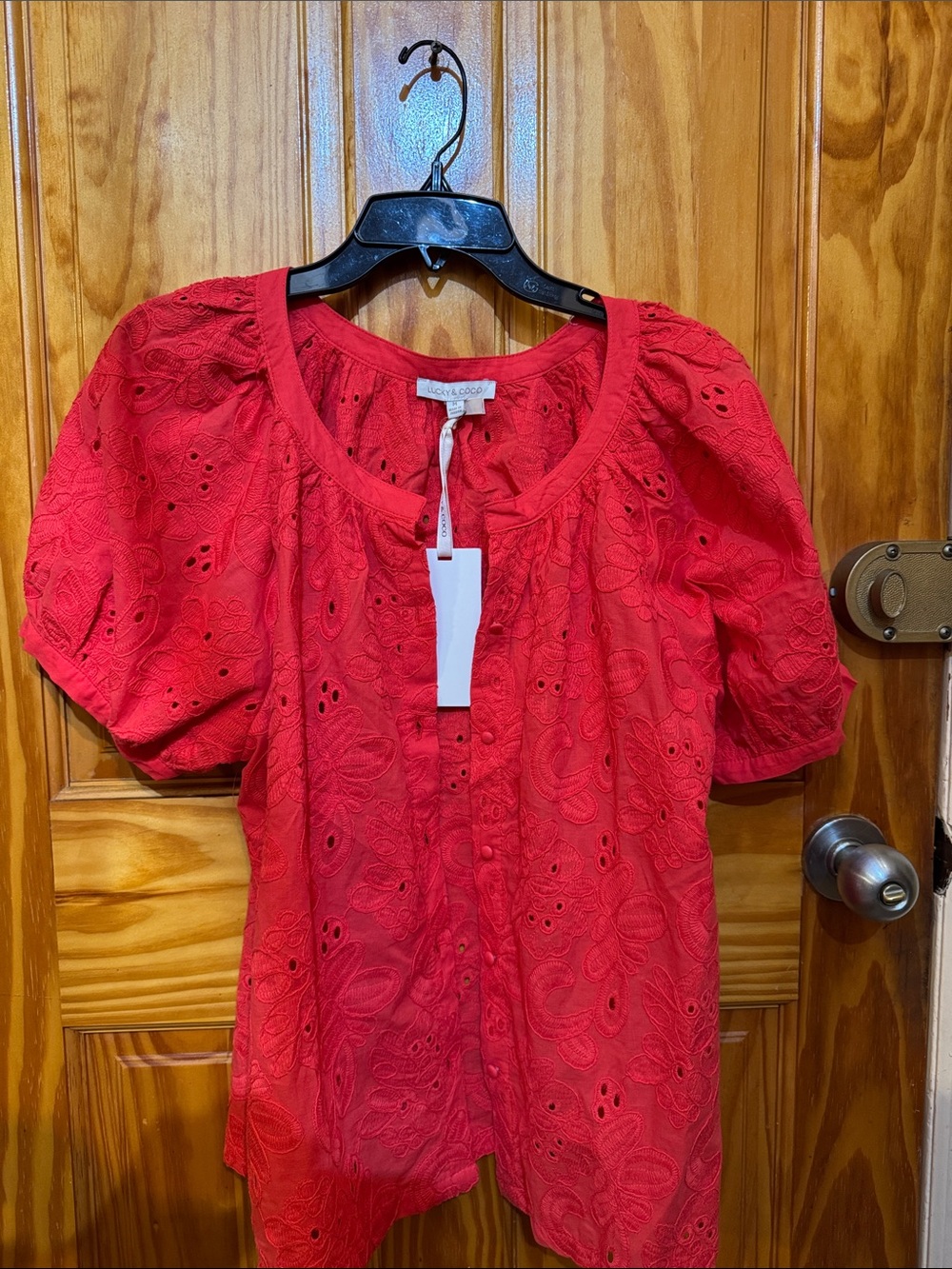 Lucky Brand Bright Red Eyelet Puff-Sleeve Blouse